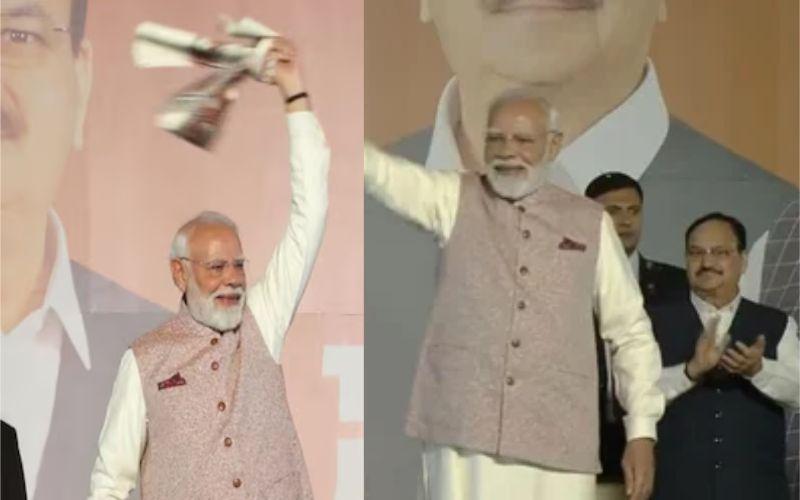 Bihar Election: बिहार में मोदी-नीतीश सरकार, PM Modi गमछा लहराते हुए भाजपा मुख्यालय पहुंचे